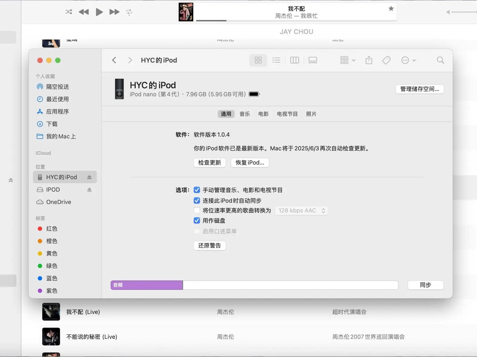 电脑中同步 iPod nano 的界面